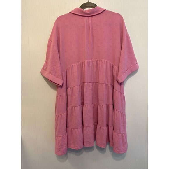 Entro Women's Large Dress Pink Tiered Button-Down Tunic Top Lined Short Sleeve - Picture 2 of 13